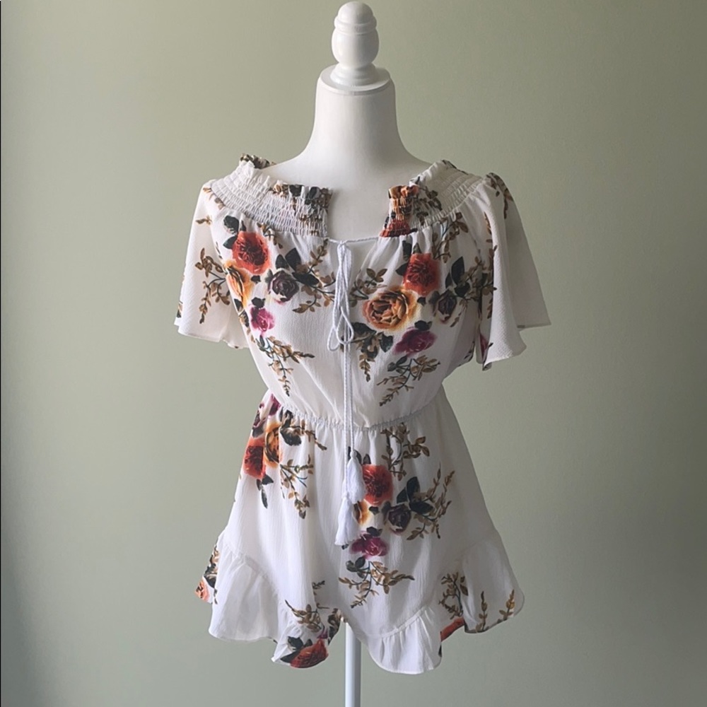 Haute Rouge White Floral Off Shoulder Romper